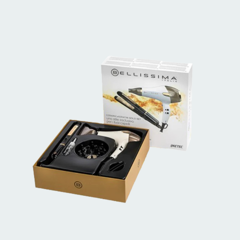 Set Gold Bellissima Planchita a Vapor + Secador Profesional Steam Ceramic & Keratin