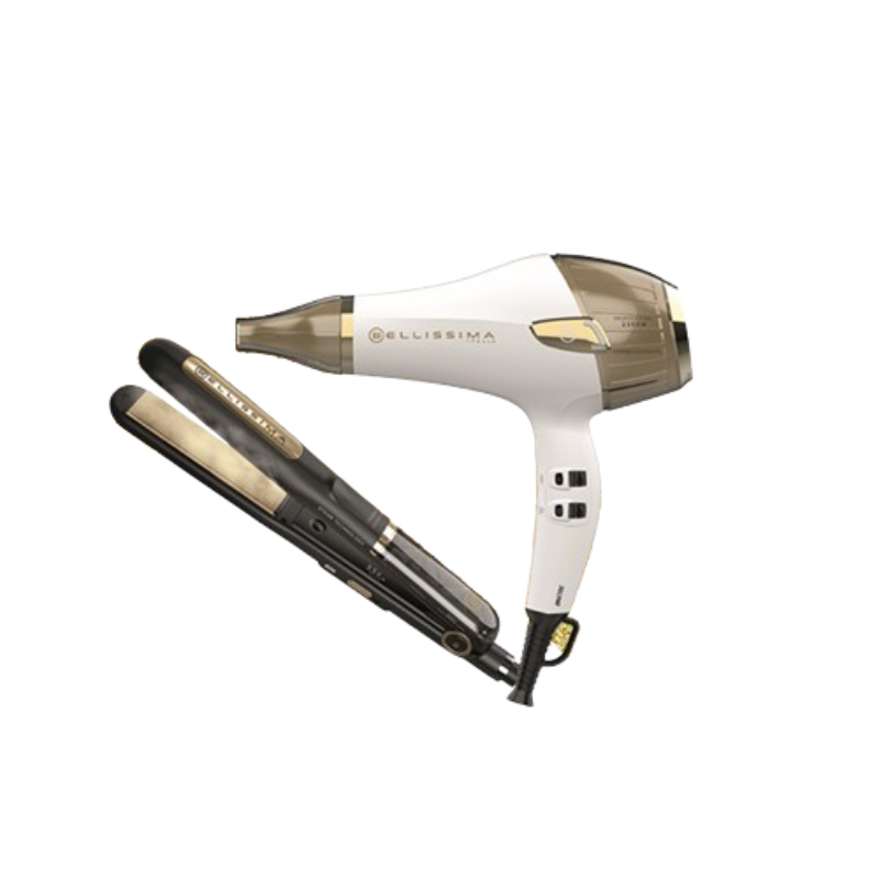 Set Gold Bellissima Planchita a Vapor + Secador Profesional Steam Ceramic & Keratin