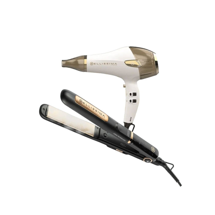 Set Gold Bellissima Planchita a Vapor + Secador Profesional Steam Ceramic & Keratin